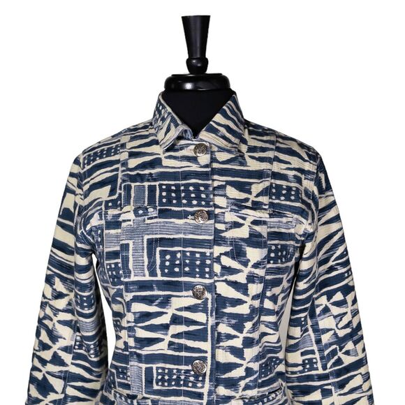 Chico's Women's Jacket Beige Blue Abstract Navajo Tribal Geometric Pockets 0 S/4 - Picture 6 of 10